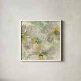 Silver Quince II Teal by Chris Paschke. Shown in a crisp white glass frame for a clean and minimalist style. Available as an archival giclee rolled canvas, fine art paper, or poster print. SKU 26387a.
