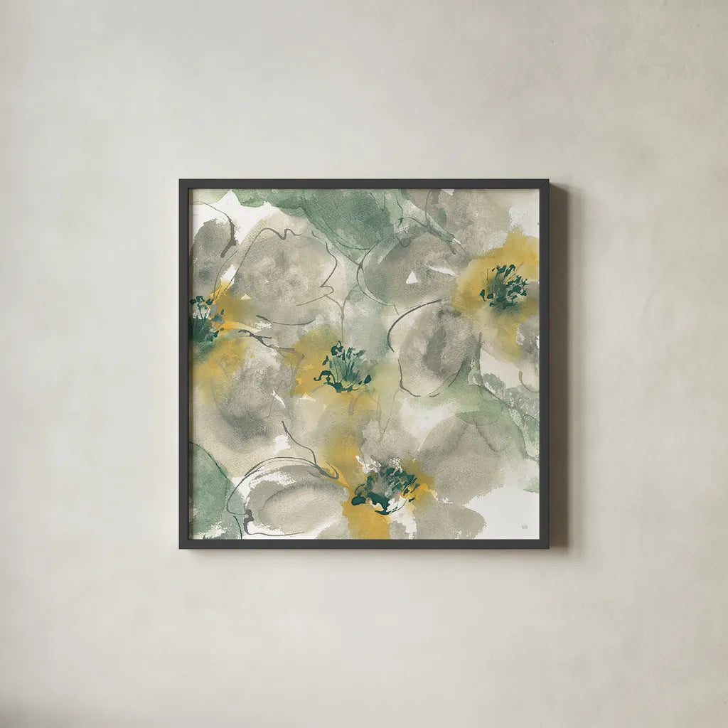 Silver Quince II on White by Chris Paschke. Shown in a sleek black glass frame for a contemporary gallery look. Available as an archival giclee rolled canvas, fine art paper, or poster print. SKU 31320a.