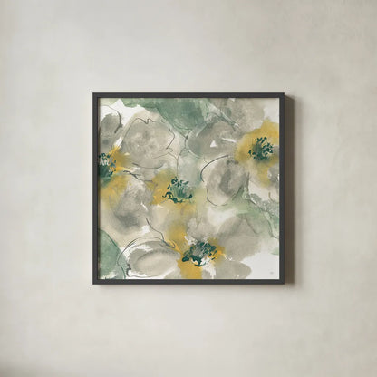 Silver Quince II on White by Chris Paschke. Shown in a sleek black glass frame for a contemporary gallery look. Available as an archival giclee rolled canvas, fine art paper, or poster print. SKU 31320a.