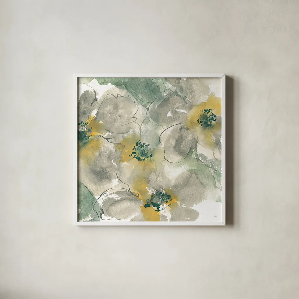 Silver Quince II on White by Chris Paschke. Shown in a crisp white glass frame for a clean and minimalist style. Available as an archival giclee rolled canvas, fine art paper, or poster print. SKU 31320a.