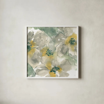 Silver Quince II on White by Chris Paschke. Shown in a crisp white glass frame for a clean and minimalist style. Available as an archival giclee rolled canvas, fine art paper, or poster print. SKU 31320a.