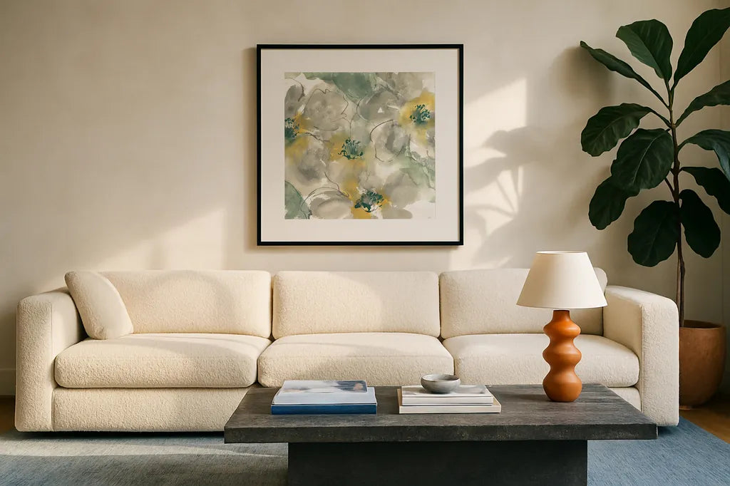 Silver Quince II on White by Chris Paschke. Displayed in a glass frame with matte in a clean modern living room. Available as an archival giclee rolled canvas, fine art paper, or poster print. SKU 31320a.