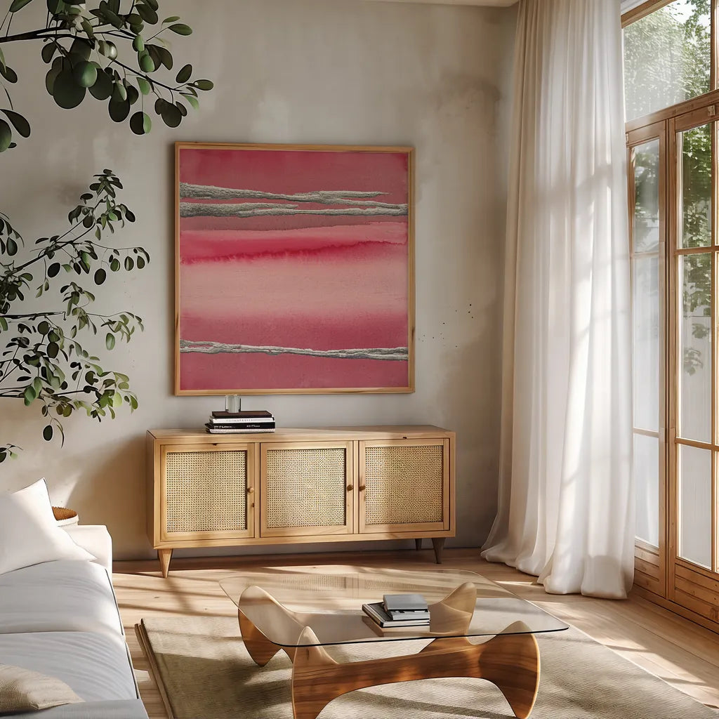 Silver Rose I by Chris Paschke. Shown in a natural wood frame in a cozy modern living room. Available as an archival giclee rolled canvas, fine art paper, or poster print. SKU 26740a.