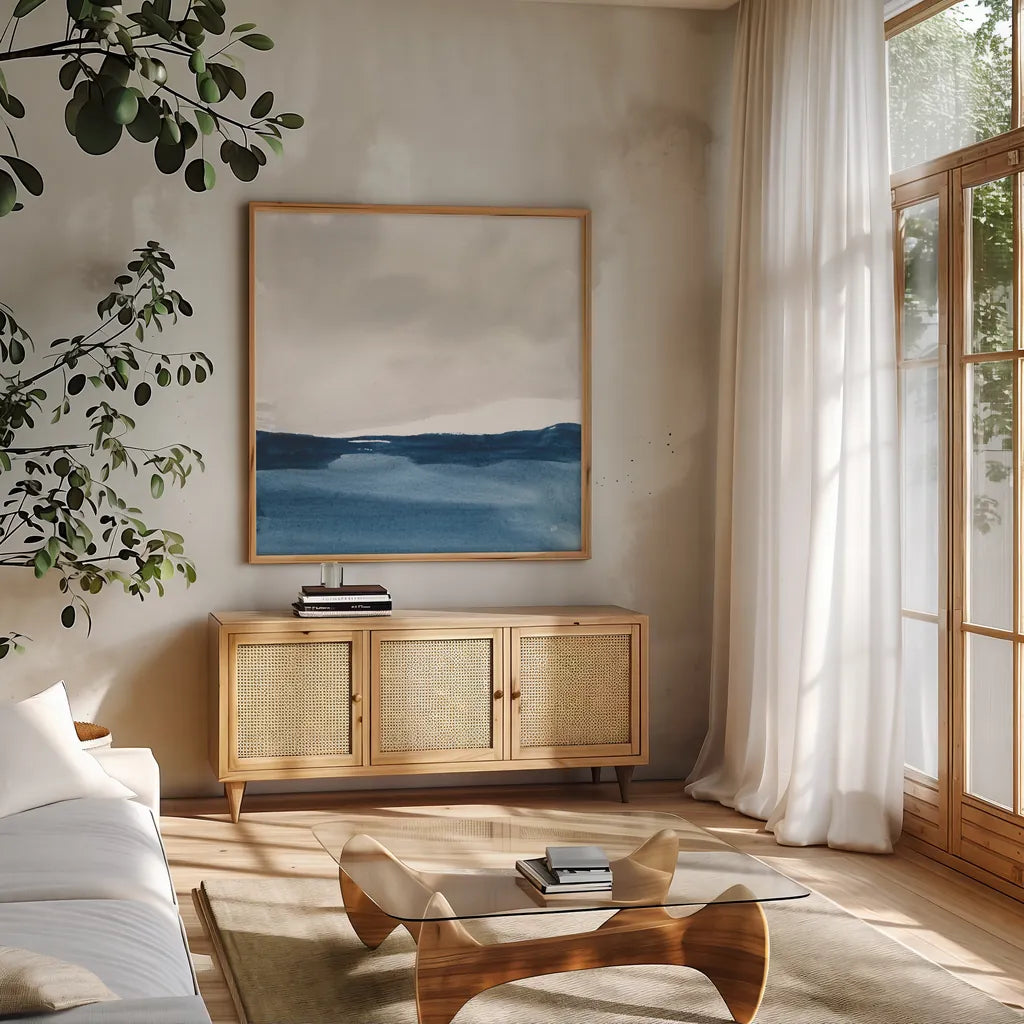 Silver Sea I by Chris Paschke. Shown in a natural wood frame in a cozy modern living room. Available as an archival giclee rolled canvas, fine art paper, or poster print. SKU 84580a.