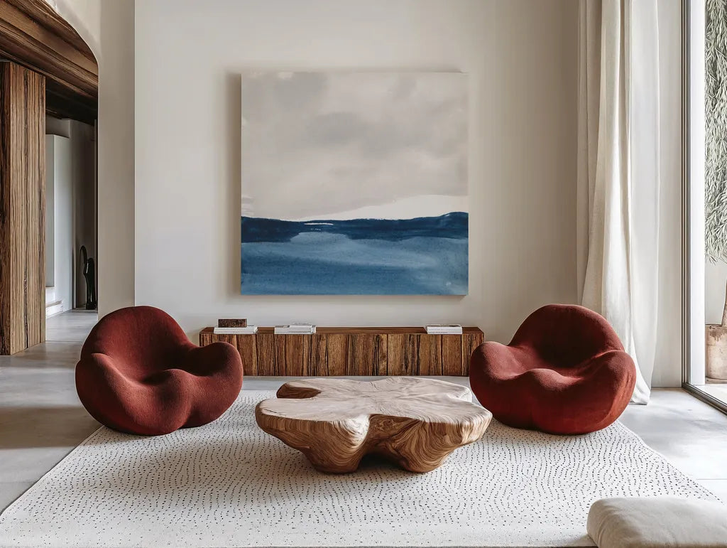 Silver Sea I by Chris Paschke. Shown as extra-large giant wall art in a modern living room. Available as an archival giclee rolled canvas, fine art paper, or poster print. SKU 84580a.