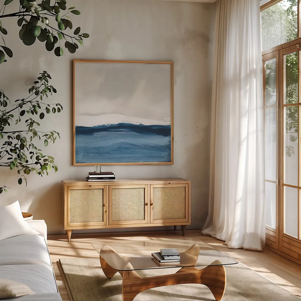 Silver Sea II by Chris Paschke. Shown in a natural wood frame in a cozy modern living room. Available as an archival giclee rolled canvas, fine art paper, or poster print. SKU 84581a.