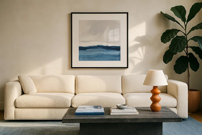 Silver Sea II by Chris Paschke. Displayed in a glass frame with matte in a clean modern living room. Available as an archival giclee rolled canvas, fine art paper, or poster print. SKU 84581a.