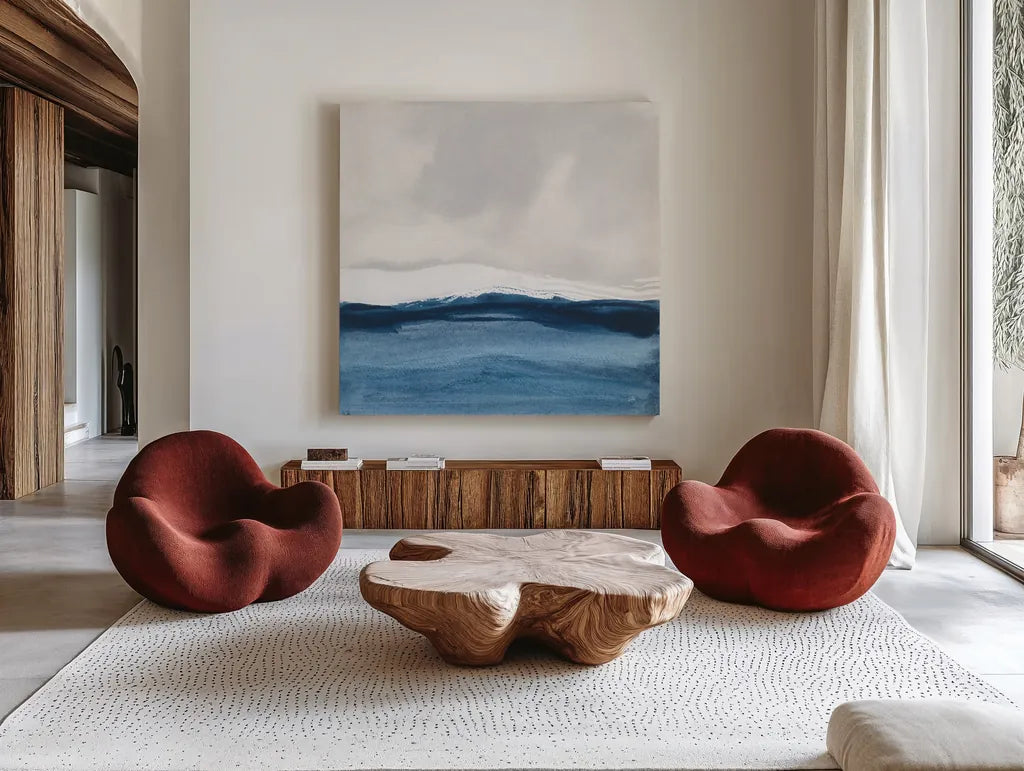 Silver Sea II by Chris Paschke. Shown as extra-large giant wall art in a modern living room. Available as an archival giclee rolled canvas, fine art paper, or poster print. SKU 84581a.