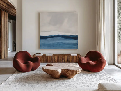 Silver Sea II by Chris Paschke. Shown as extra-large giant wall art in a modern living room. Available as an archival giclee rolled canvas, fine art paper, or poster print. SKU 84581a.