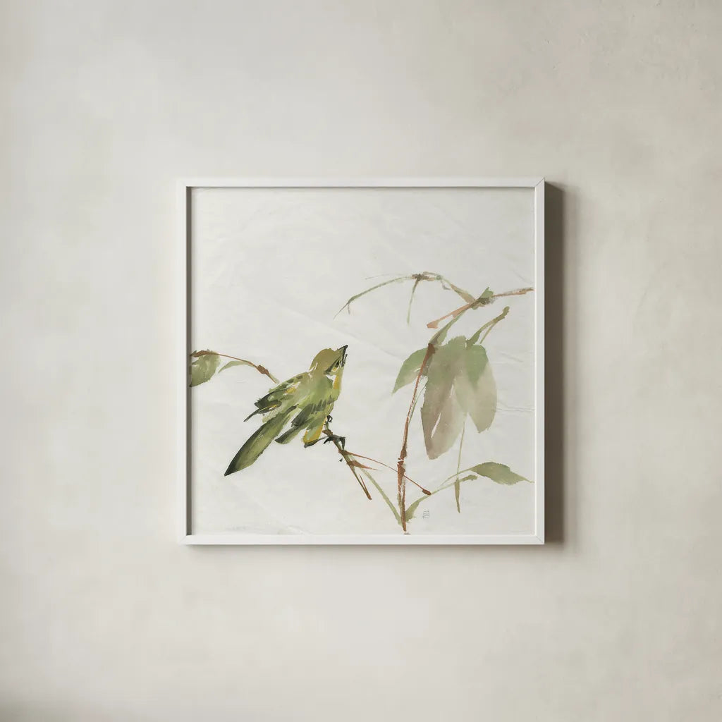 Sisken by Chris Paschke. Shown in a crisp white glass frame for a clean and minimalist style. Available as an archival giclee rolled canvas, fine art paper, or poster print. SKU 23943a.