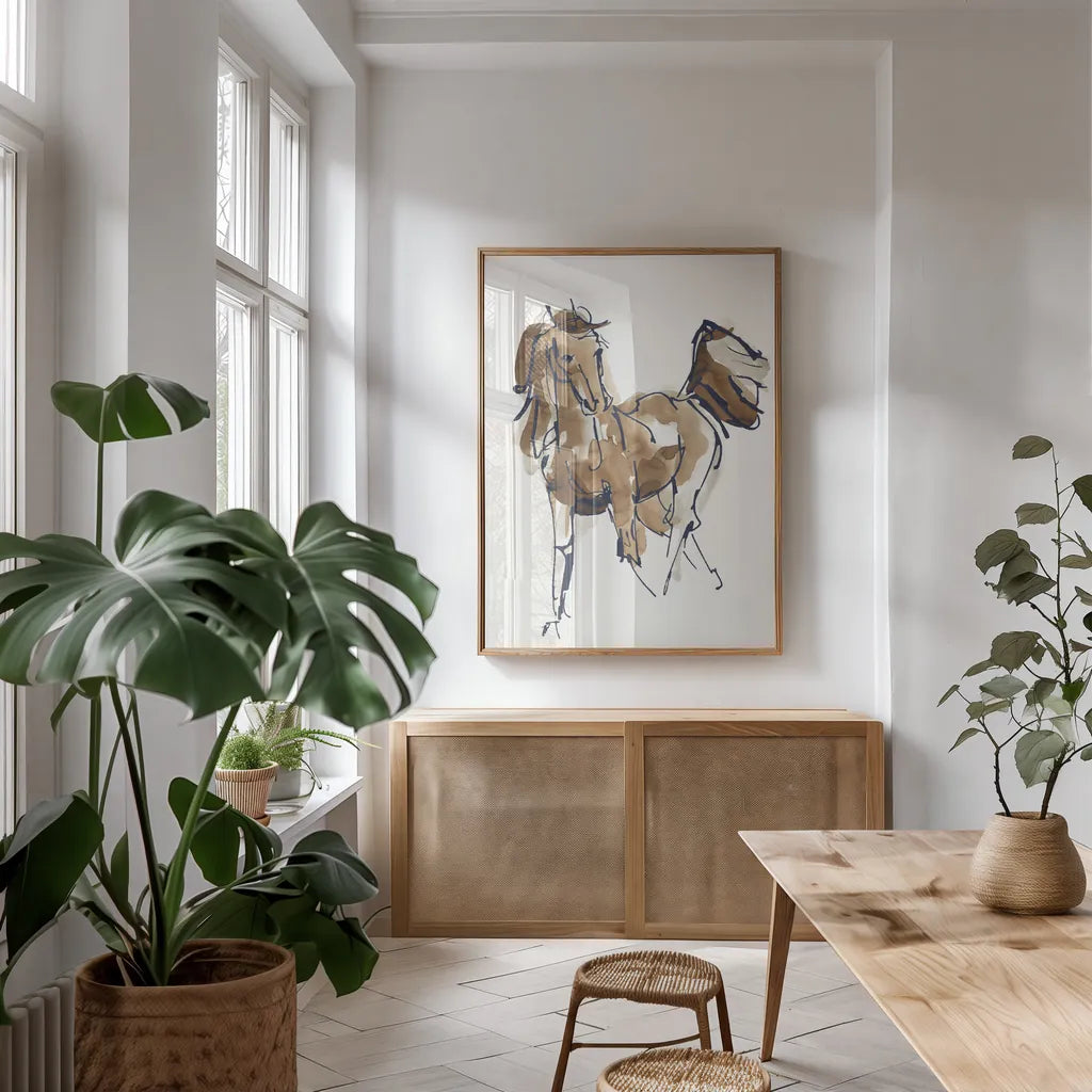Sketchy Horse VI Navy by Chris Paschke. shown as a print in a natural wood frame in a dining room. Available as a archival giclee rolled canvas, fine art paper, or poster print. SKU 56047h.