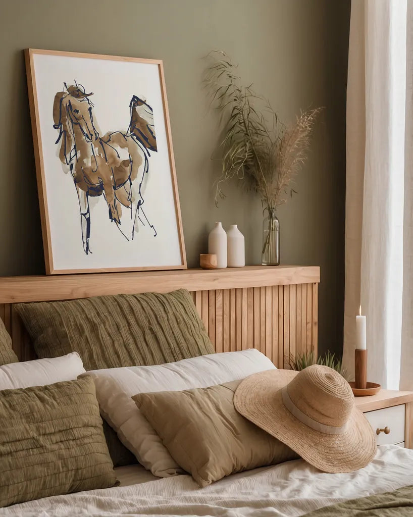 Sketchy Horse VI Navy by Chris Paschke. shown as a paper print in a natural frame. Available as a archival giclee rolled canvas, fine art paper, or poster print. SKU 56047h.