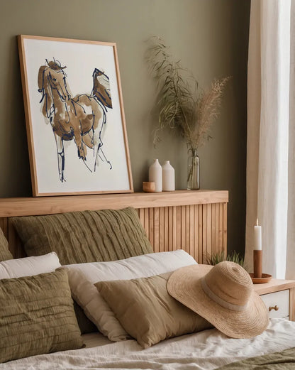 Sketchy Horse VI Navy by Chris Paschke. shown as a paper print in a natural frame. Available as a archival giclee rolled canvas, fine art paper, or poster print. SKU 56047h.