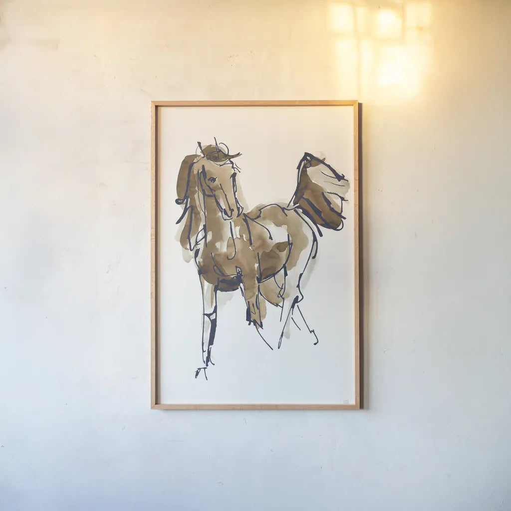 Sketchy Horse VI Navy by Chris Paschke. shown as a paper print in a natural frame. Available as a archival giclee rolled canvas, fine art paper, or poster print. SKU 56047h.