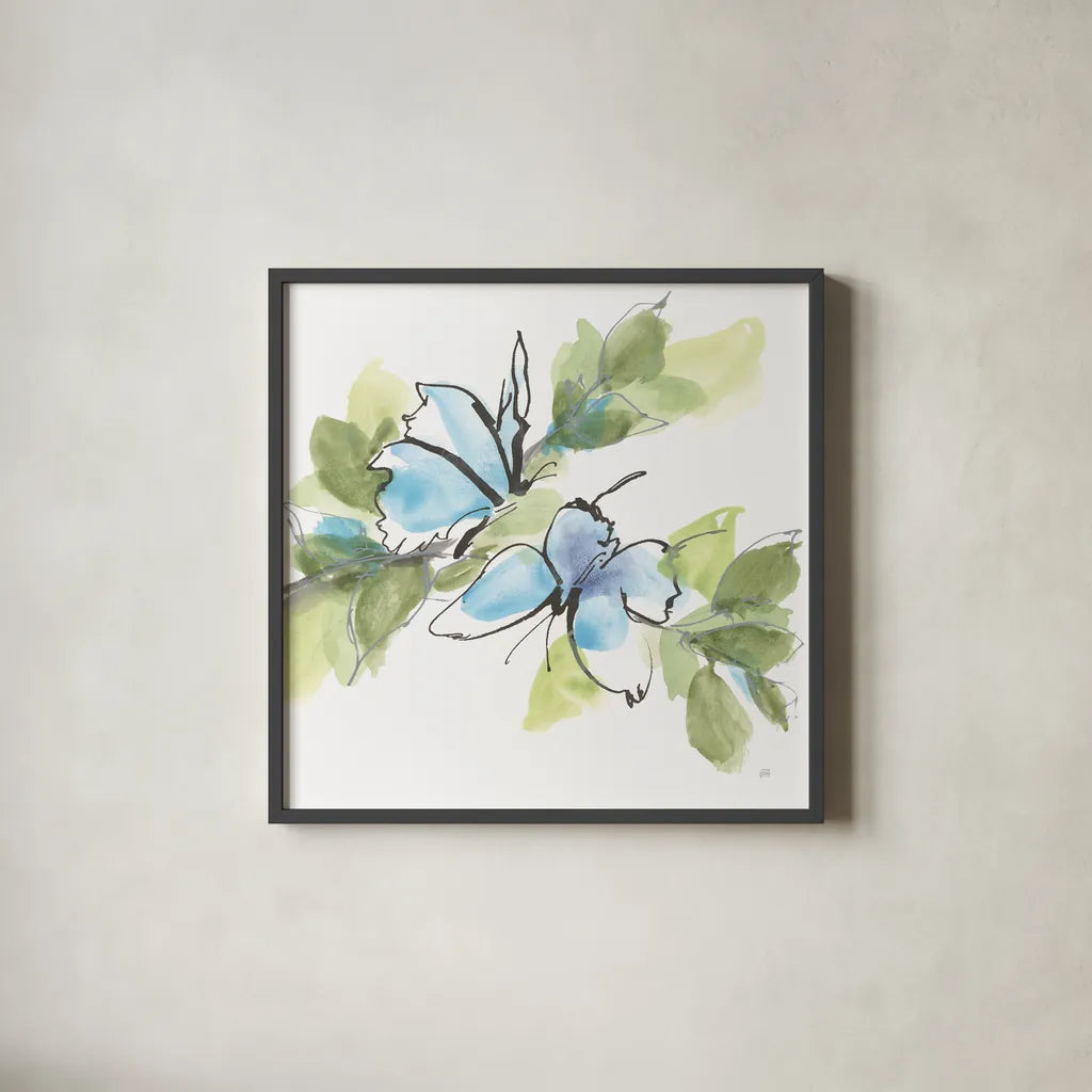 Social Butterflies I by Chris Paschke. Shown in a sleek black glass frame for a contemporary gallery look. Available as an archival giclee rolled canvas, fine art paper, or poster print. SKU 100294a.