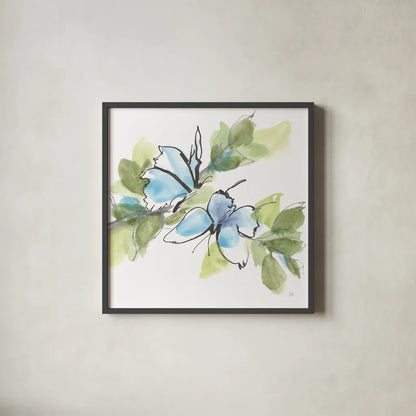 Social Butterflies I by Chris Paschke. Shown in a sleek black glass frame for a contemporary gallery look. Available as an archival giclee rolled canvas, fine art paper, or poster print. SKU 100294a.