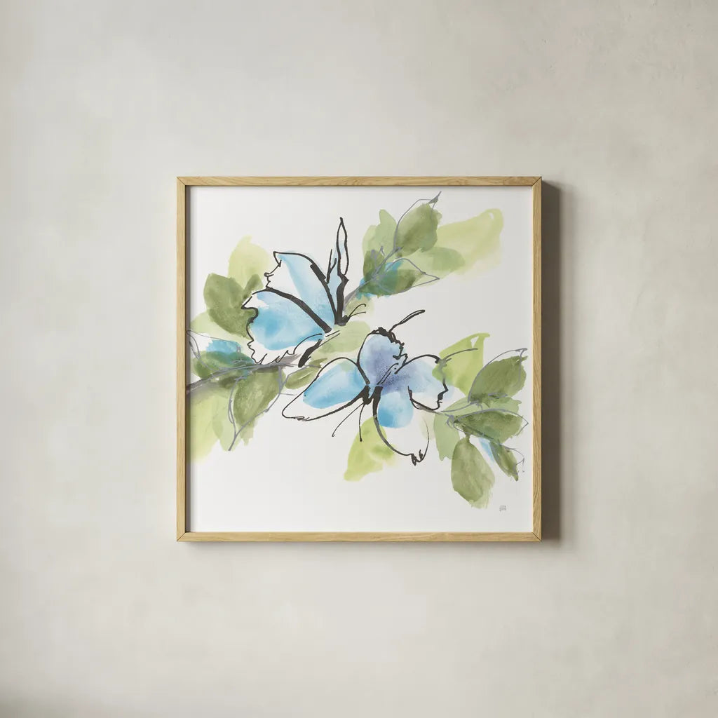 Social Butterflies I by Chris Paschke. Shown in a natural wood glass frame for a timeless modern aesthetic. Available as an archival giclee rolled canvas, fine art paper, or poster print. SKU 100294a.
