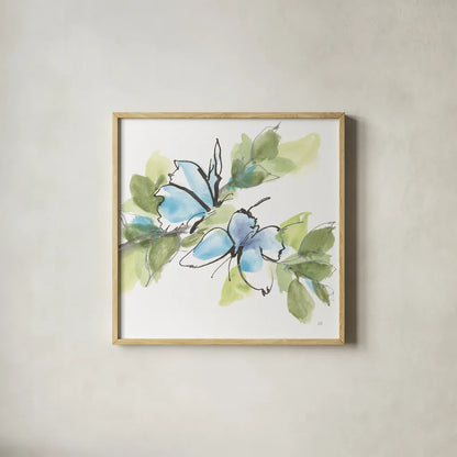 Social Butterflies I by Chris Paschke. Shown in a natural wood glass frame for a timeless modern aesthetic. Available as an archival giclee rolled canvas, fine art paper, or poster print. SKU 100294a.
