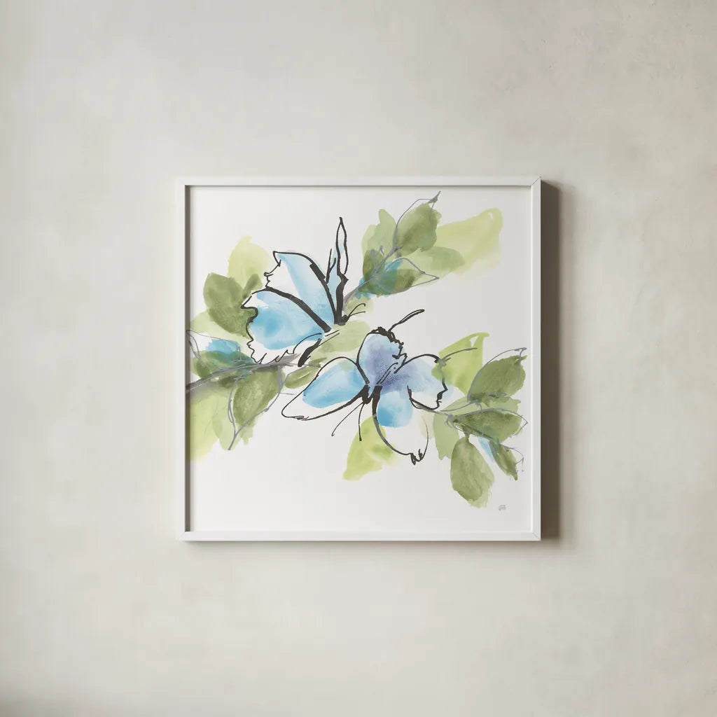 Social Butterflies I by Chris Paschke. Shown in a crisp white glass frame for a clean and minimalist style. Available as an archival giclee rolled canvas, fine art paper, or poster print. SKU 100294a.