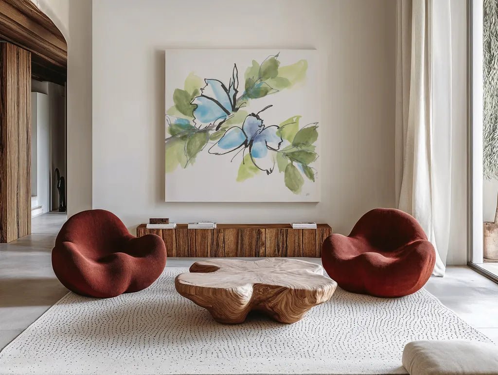 Social Butterflies I by Chris Paschke. Shown as extra-large giant wall art in a modern living room. Available as an archival giclee rolled canvas, fine art paper, or poster print. SKU 100294a.