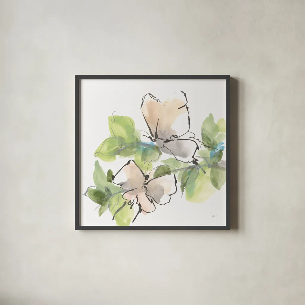 Social Butterflies II by Chris Paschke. Shown in a sleek black glass frame for a contemporary gallery look. Available as an archival giclee rolled canvas, fine art paper, or poster print. SKU 100295a.