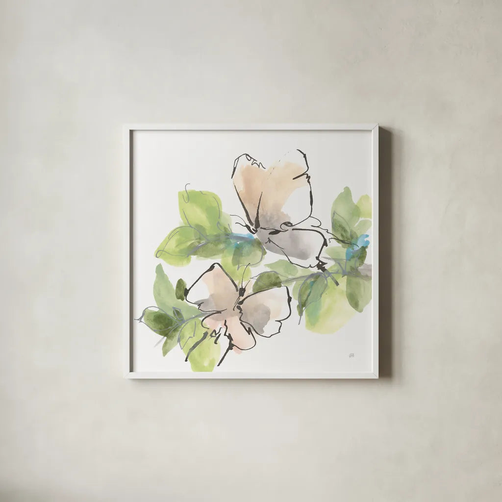 Social Butterflies II by Chris Paschke. Shown in a crisp white glass frame for a clean and minimalist style. Available as an archival giclee rolled canvas, fine art paper, or poster print. SKU 100295a.