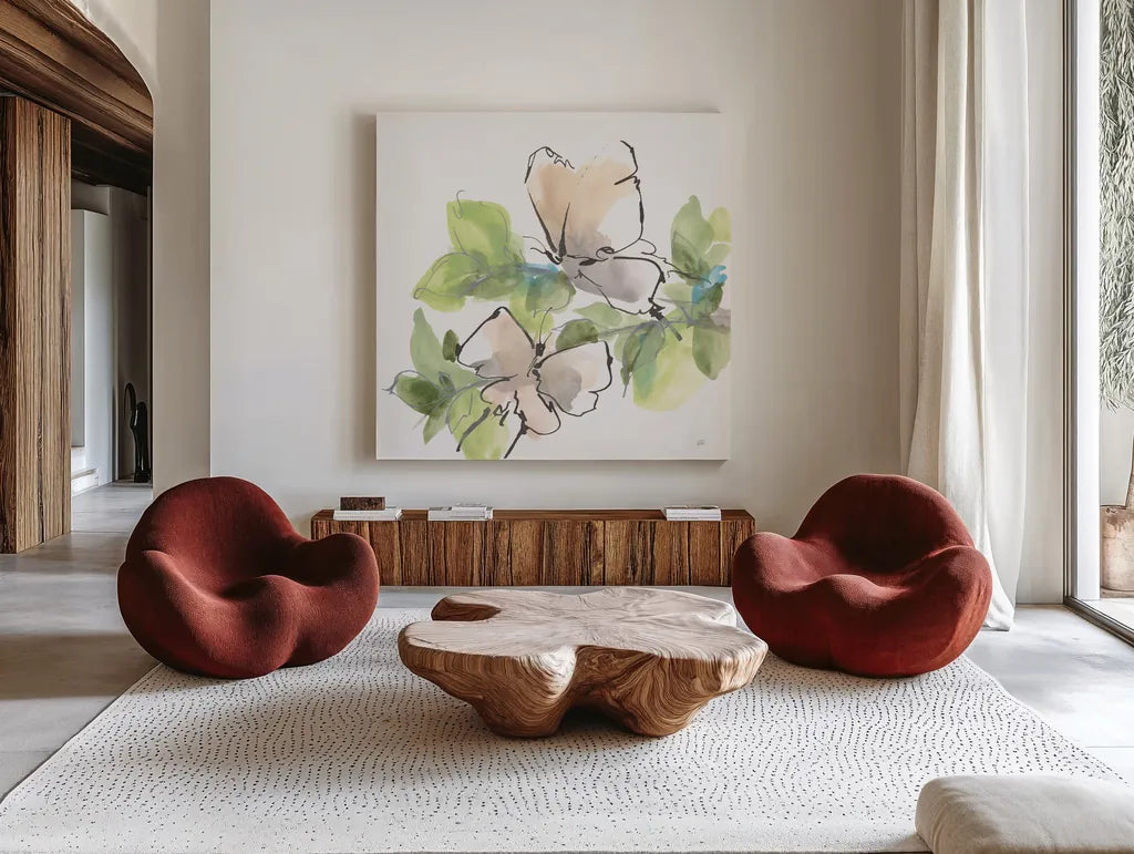 Social Butterflies II by Chris Paschke. Shown as extra-large giant wall art in a modern living room. Available as an archival giclee rolled canvas, fine art paper, or poster print. SKU 100295a.