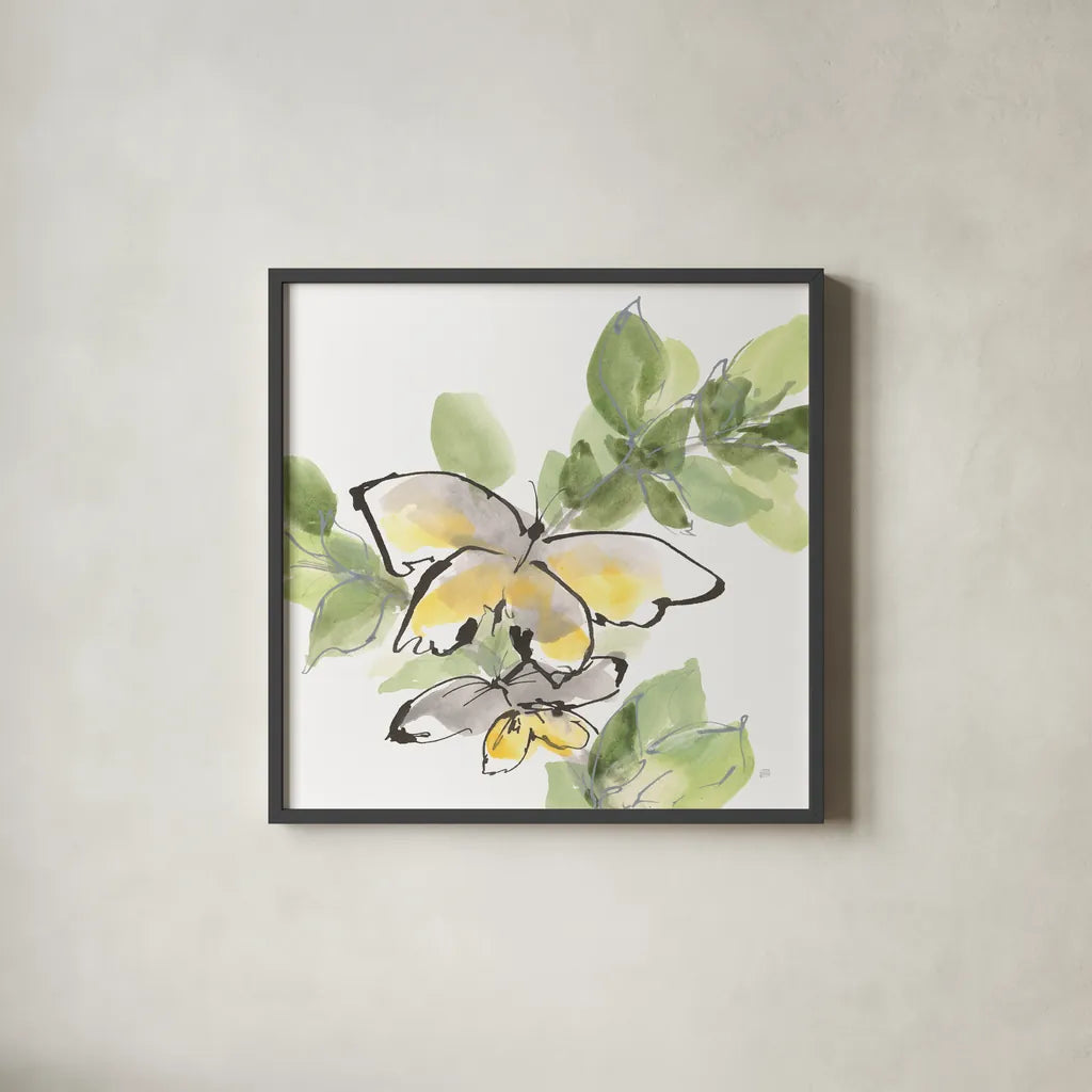 Social Butterflies III by Chris Paschke. Shown in a sleek black glass frame for a contemporary gallery look. Available as an archival giclee rolled canvas, fine art paper, or poster print. SKU 100296a.