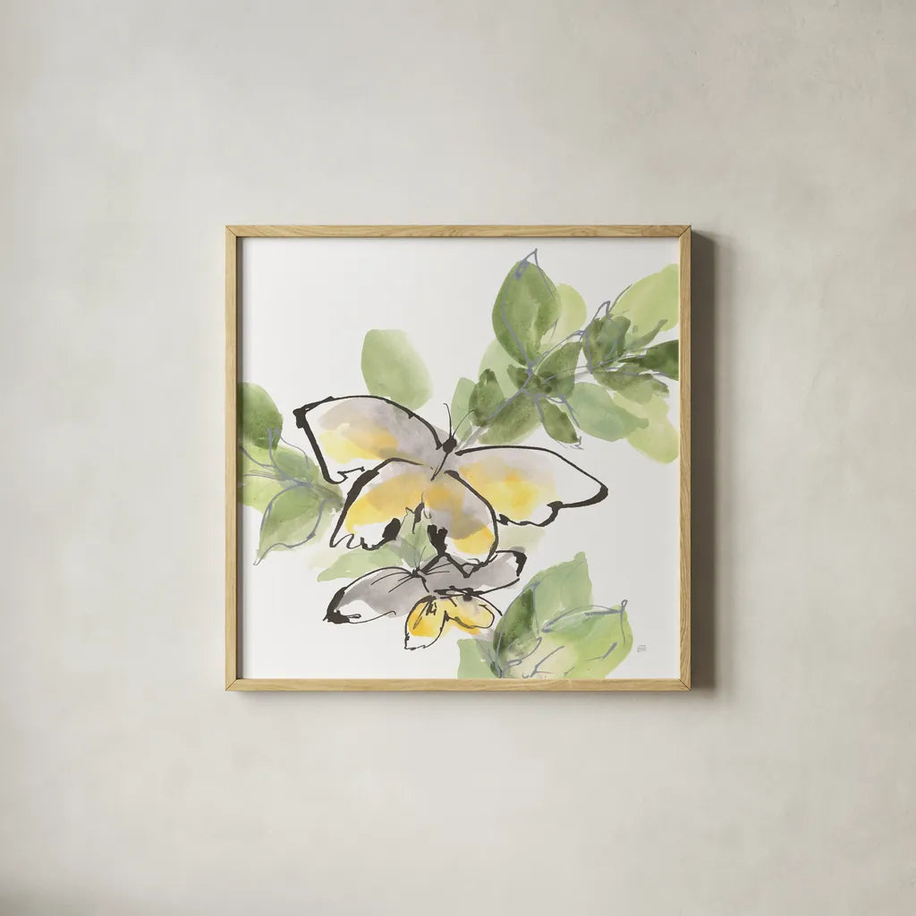 Social Butterflies III by Chris Paschke. Shown in a natural wood glass frame for a timeless modern aesthetic. Available as an archival giclee rolled canvas, fine art paper, or poster print. SKU 100296a.