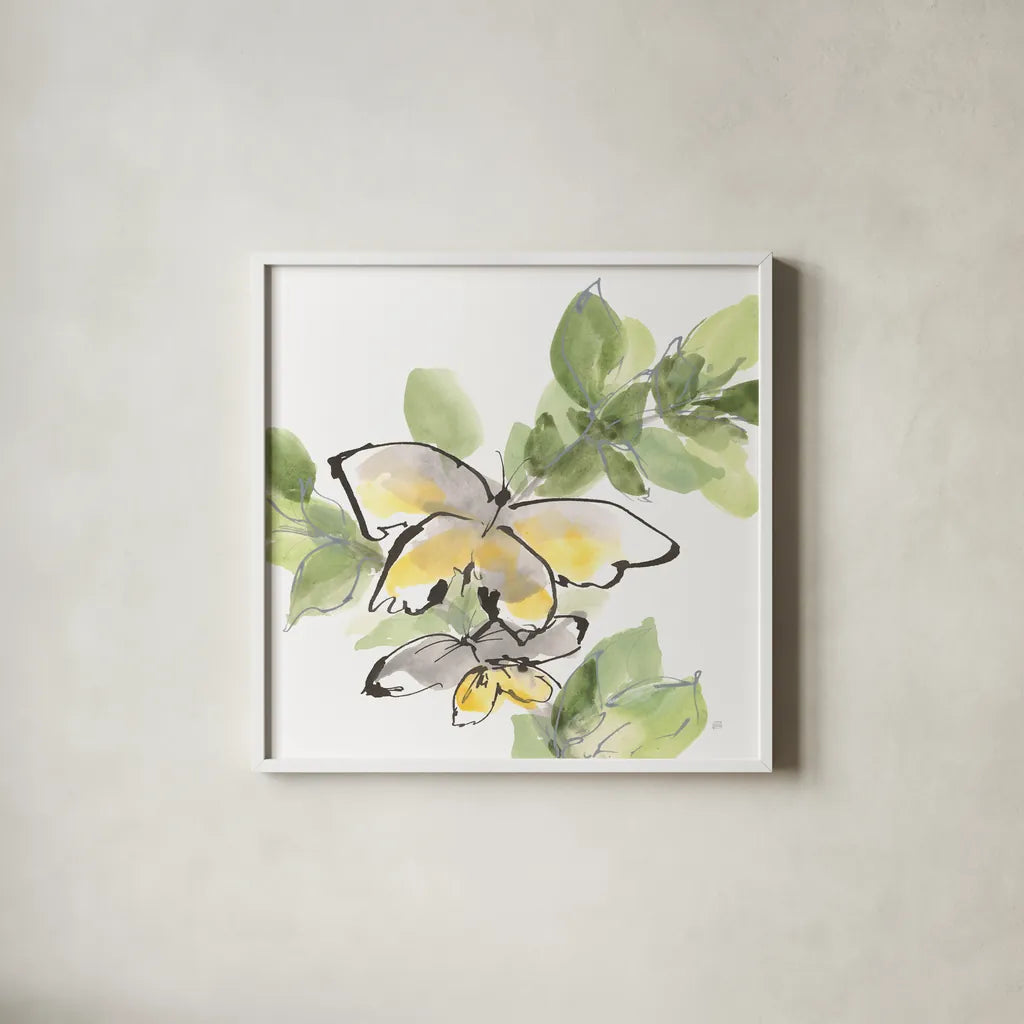Social Butterflies III by Chris Paschke. Shown in a crisp white glass frame for a clean and minimalist style. Available as an archival giclee rolled canvas, fine art paper, or poster print. SKU 100296a.