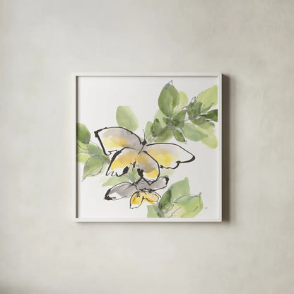 Social Butterflies III by Chris Paschke. Shown in a crisp white glass frame for a clean and minimalist style. Available as an archival giclee rolled canvas, fine art paper, or poster print. SKU 100296a.