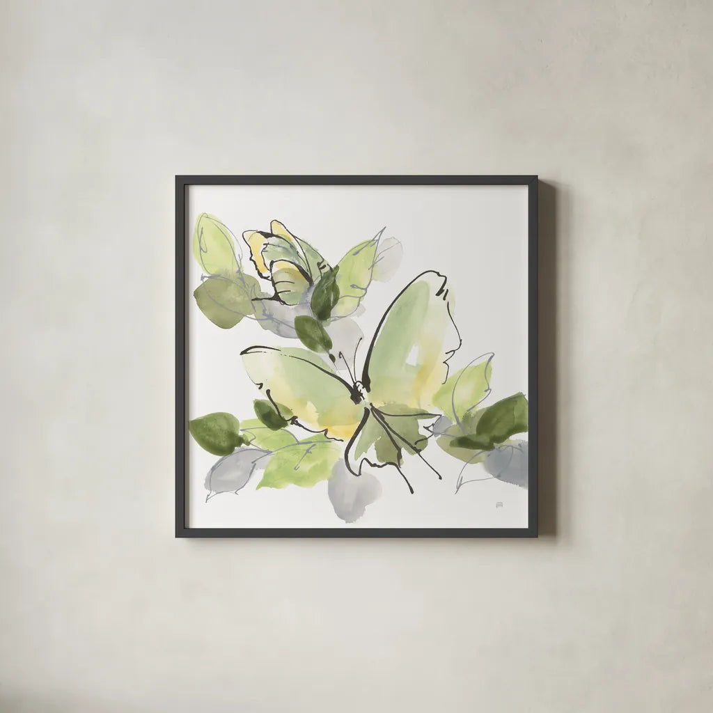 Social Butterflies IV by Chris Paschke. Shown in a sleek black glass frame for a contemporary gallery look. Available as an archival giclee rolled canvas, fine art paper, or poster print. SKU 100297a.