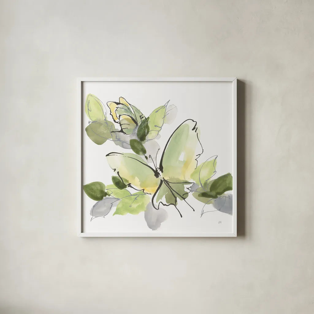 Social Butterflies IV by Chris Paschke. Shown in a crisp white glass frame for a clean and minimalist style. Available as an archival giclee rolled canvas, fine art paper, or poster print. SKU 100297a.
