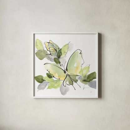 Social Butterflies IV by Chris Paschke. Shown in a crisp white glass frame for a clean and minimalist style. Available as an archival giclee rolled canvas, fine art paper, or poster print. SKU 100297a.
