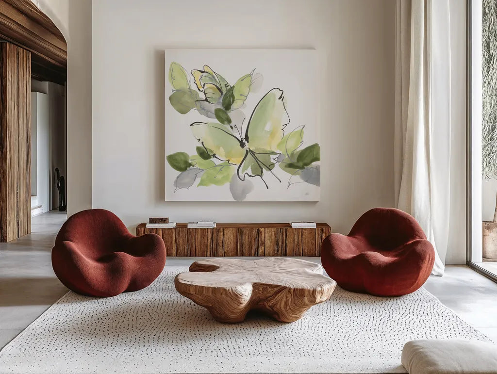 Social Butterflies IV by Chris Paschke. Shown as extra-large giant wall art in a modern living room. Available as an archival giclee rolled canvas, fine art paper, or poster print. SKU 100297a.