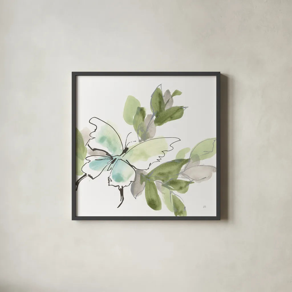 Social Butterflies V by Chris Paschke. Shown in a sleek black glass frame for a contemporary gallery look. Available as an archival giclee rolled canvas, fine art paper, or poster print. SKU 100298a.