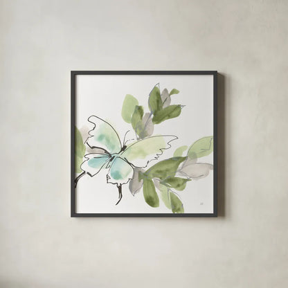 Social Butterflies V by Chris Paschke. Shown in a sleek black glass frame for a contemporary gallery look. Available as an archival giclee rolled canvas, fine art paper, or poster print. SKU 100298a.