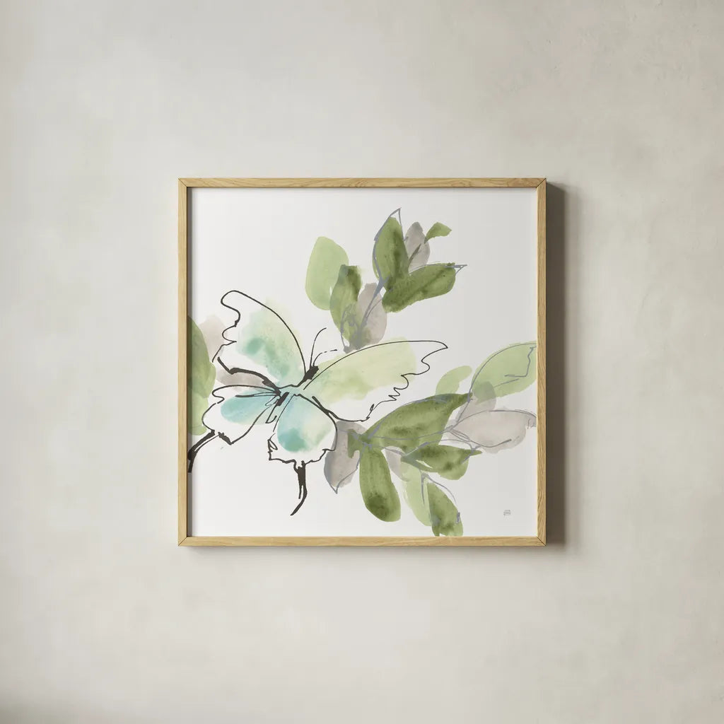 Social Butterflies V by Chris Paschke. Shown in a natural wood glass frame for a timeless modern aesthetic. Available as an archival giclee rolled canvas, fine art paper, or poster print. SKU 100298a.