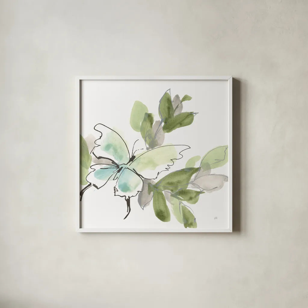 Social Butterflies V by Chris Paschke. Shown in a crisp white glass frame for a clean and minimalist style. Available as an archival giclee rolled canvas, fine art paper, or poster print. SKU 100298a.