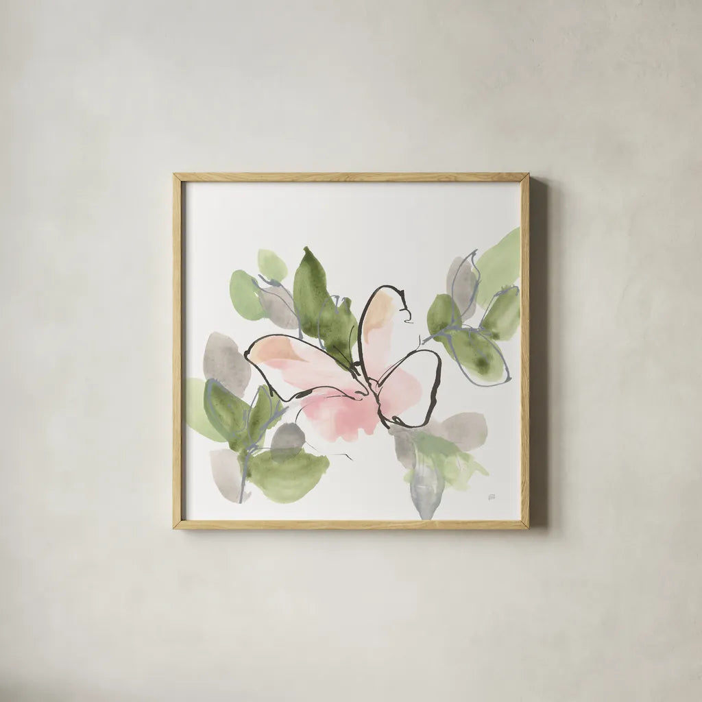 Social Butterflies VI by Chris Paschke. Shown in a natural wood glass frame for a timeless modern aesthetic. Available as an archival giclee rolled canvas, fine art paper, or poster print. SKU 100299a.