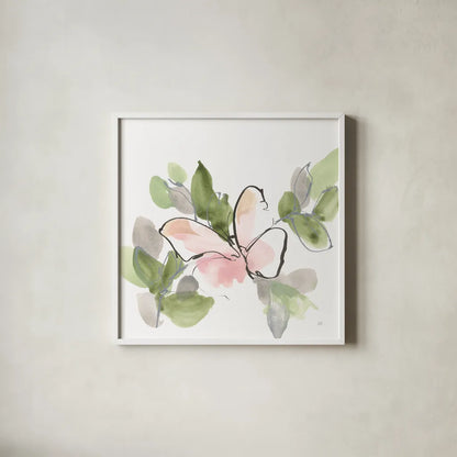Social Butterflies VI by Chris Paschke. Shown in a crisp white glass frame for a clean and minimalist style. Available as an archival giclee rolled canvas, fine art paper, or poster print. SKU 100299a.