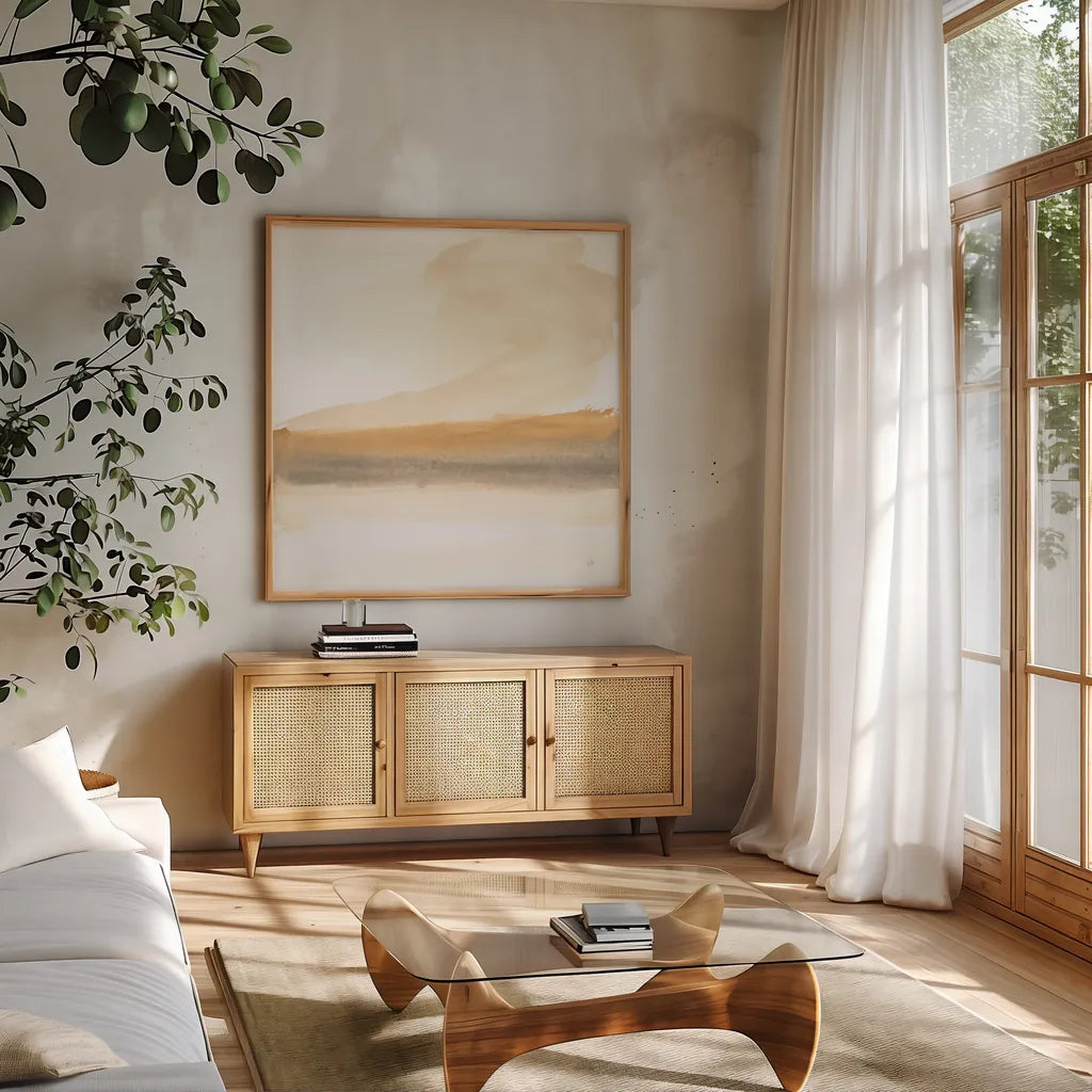 Soft Clouds II by Chris Paschke. Shown in a natural wood frame in a cozy modern living room. Available as an archival giclee rolled canvas, fine art paper, or poster print. SKU 94785a.