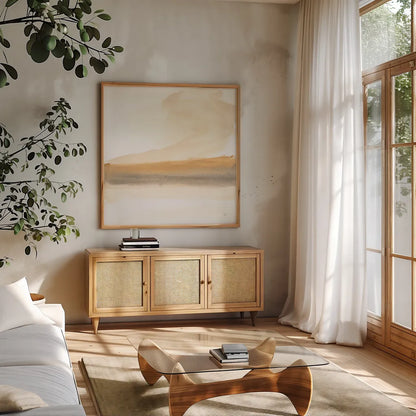 Soft Clouds II by Chris Paschke. Shown in a natural wood frame in a cozy modern living room. Available as an archival giclee rolled canvas, fine art paper, or poster print. SKU 94785a.