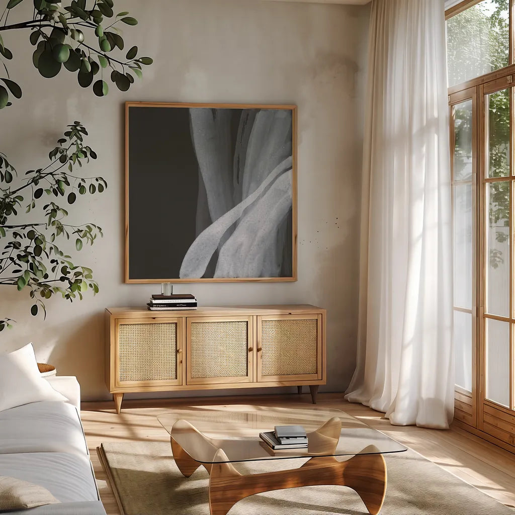 Soft White I by Chris Paschke. Shown in a natural wood frame in a cozy modern living room. Available as an archival giclee rolled canvas, fine art paper, or poster print. SKU 84563a.