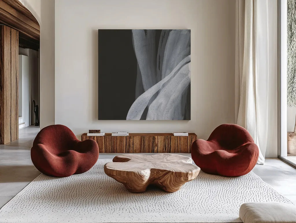 Soft White I by Chris Paschke. Shown as extra-large giant wall art in a modern living room. Available as an archival giclee rolled canvas, fine art paper, or poster print. SKU 84563a.