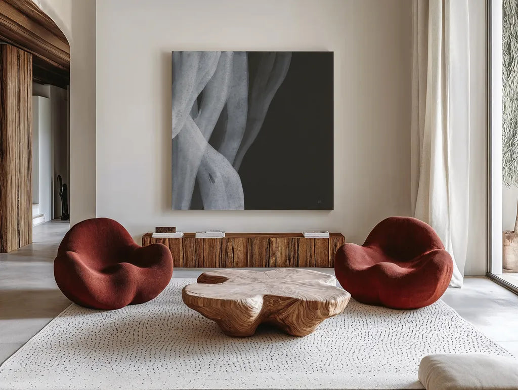 Soft White II by Chris Paschke. Shown as extra-large giant wall art in a modern living room. Available as an archival giclee rolled canvas, fine art paper, or poster print. SKU 84564a.