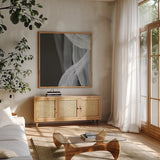 Soft White III by Chris Paschke. Shown in a natural wood frame in a cozy modern living room. Available as an archival giclee rolled canvas, fine art paper, or poster print. SKU 84565a.