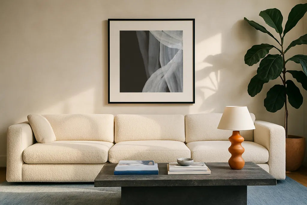 Soft White III by Chris Paschke. Displayed in a glass frame with matte in a clean modern living room. Available as an archival giclee rolled canvas, fine art paper, or poster print. SKU 84565a.
