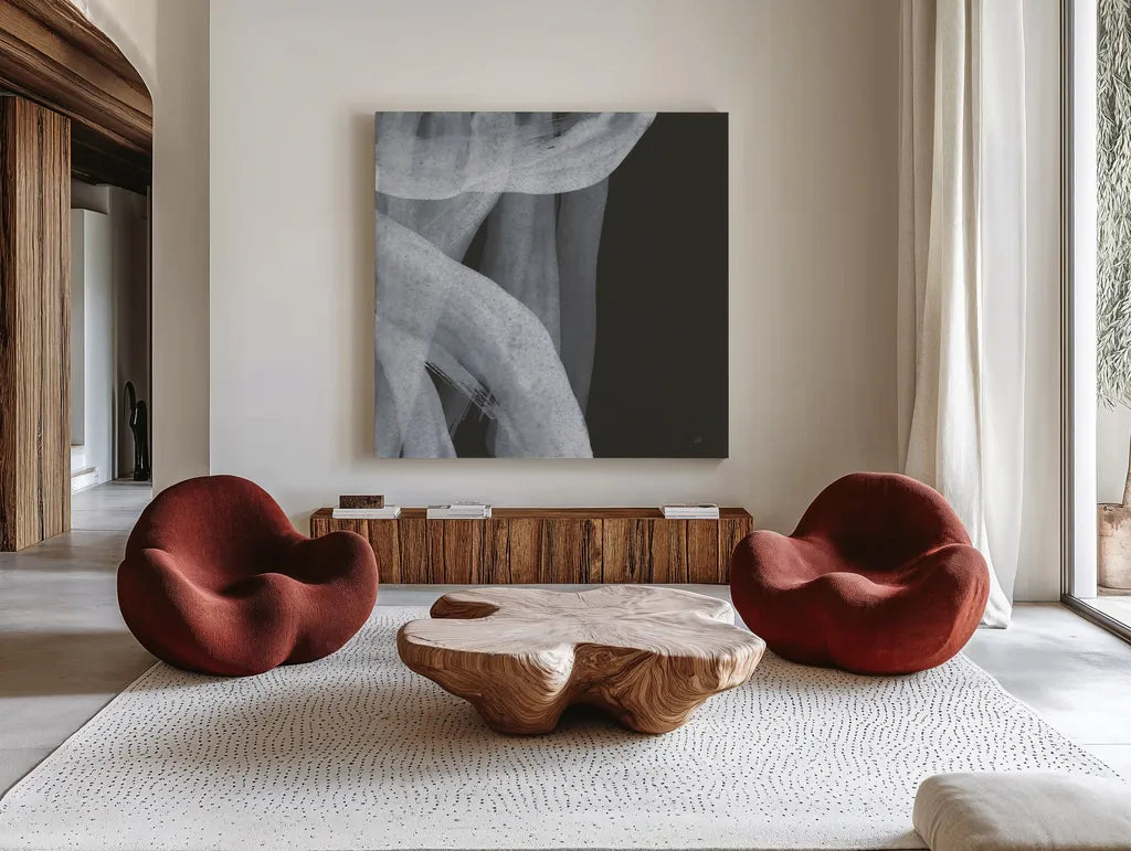 Soft White IV by Chris Paschke. Shown as extra-large giant wall art in a modern living room. Available as an archival giclee rolled canvas, fine art paper, or poster print. SKU 84566a.