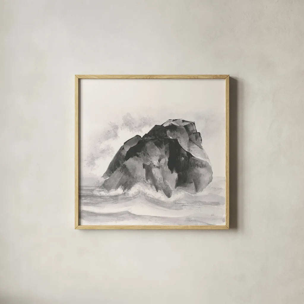 Solitary Rock by Chris Paschke. Shown in a natural wood glass frame for a timeless modern aesthetic. Available as an archival giclee rolled canvas, fine art paper, or poster print. SKU 44972a.